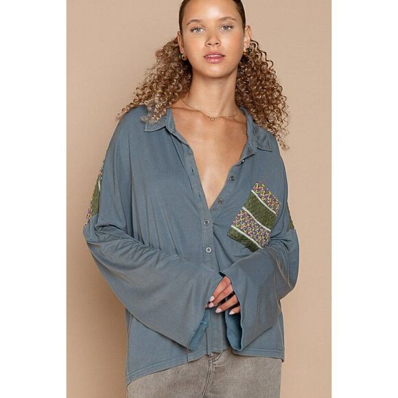 POL Clothing Gypsy Teal Button Top Shirt Embroidered Fall Winter Women FKT792 - Picture 1 of 6